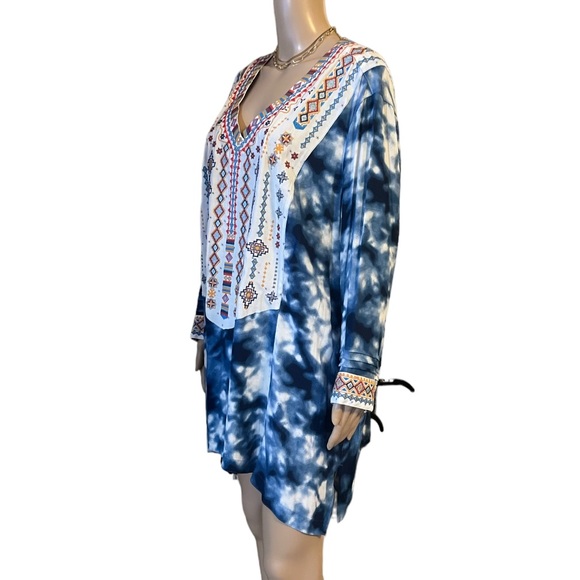 NWT John Mark BLUE HAZE Colorful Embroidered TIE DYE GAUZY BOHO Tunic To… - Picture 7 of 14